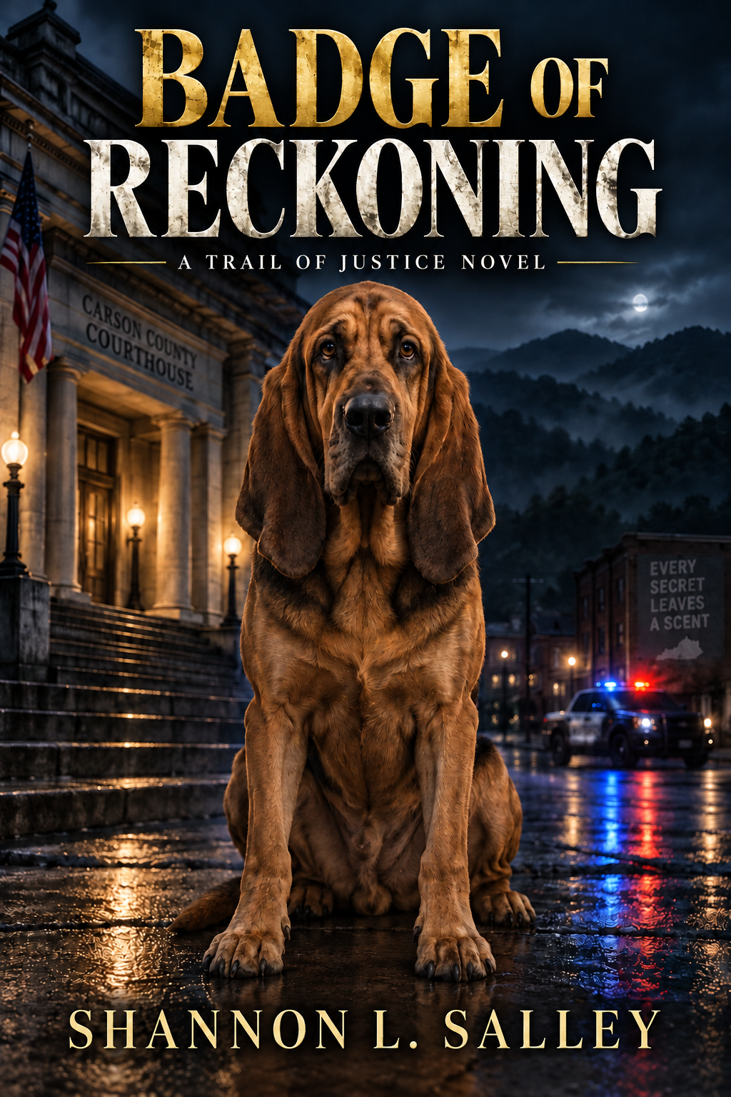 Badge of Reckoning by Shannon L. Salley, featuring Radar outside the Carson County Courthouse